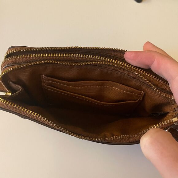 Coach Double Zip Wristlet Signature Khaki Brown Coated Canvas Leather - Picture 6 of 7